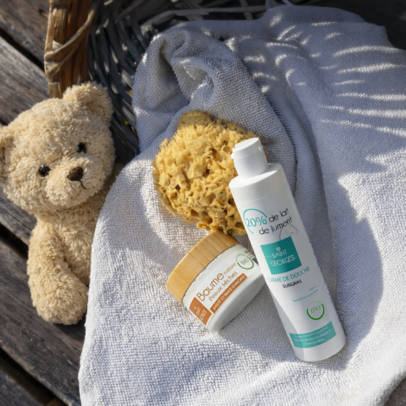 Pack Bambins – coffret crème douche lait de jument baume karité argan éponge de mer bébé artisanal Jura